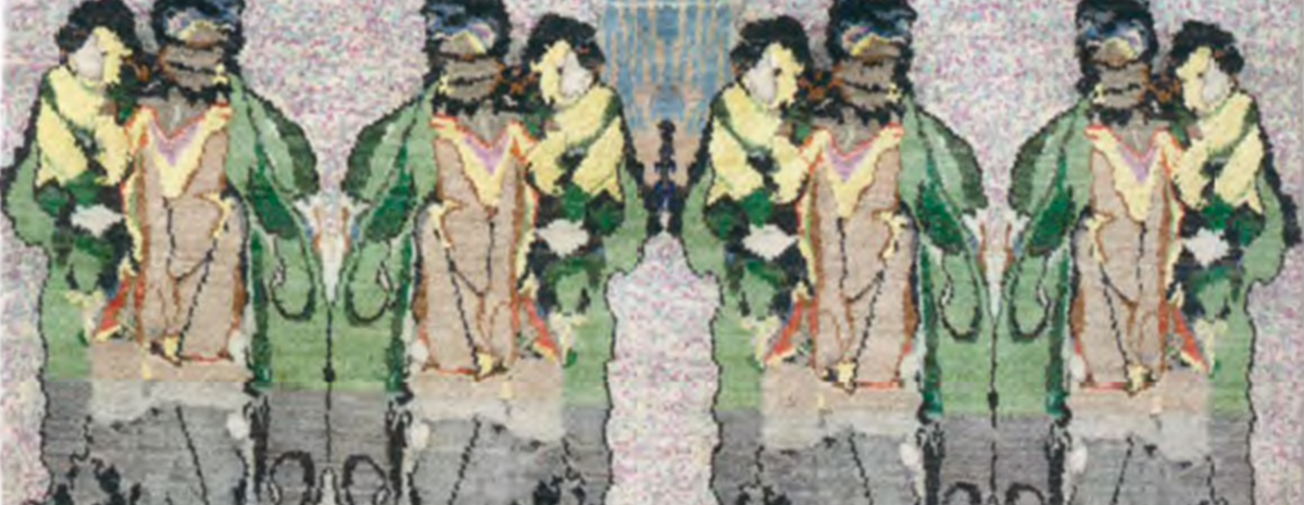 Two sets of mirrored images of an adult carrying a child.